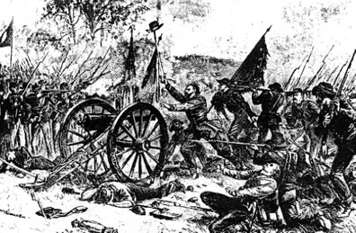Confederate soldiers attack the 69th Pa. Regiment at the Angle.